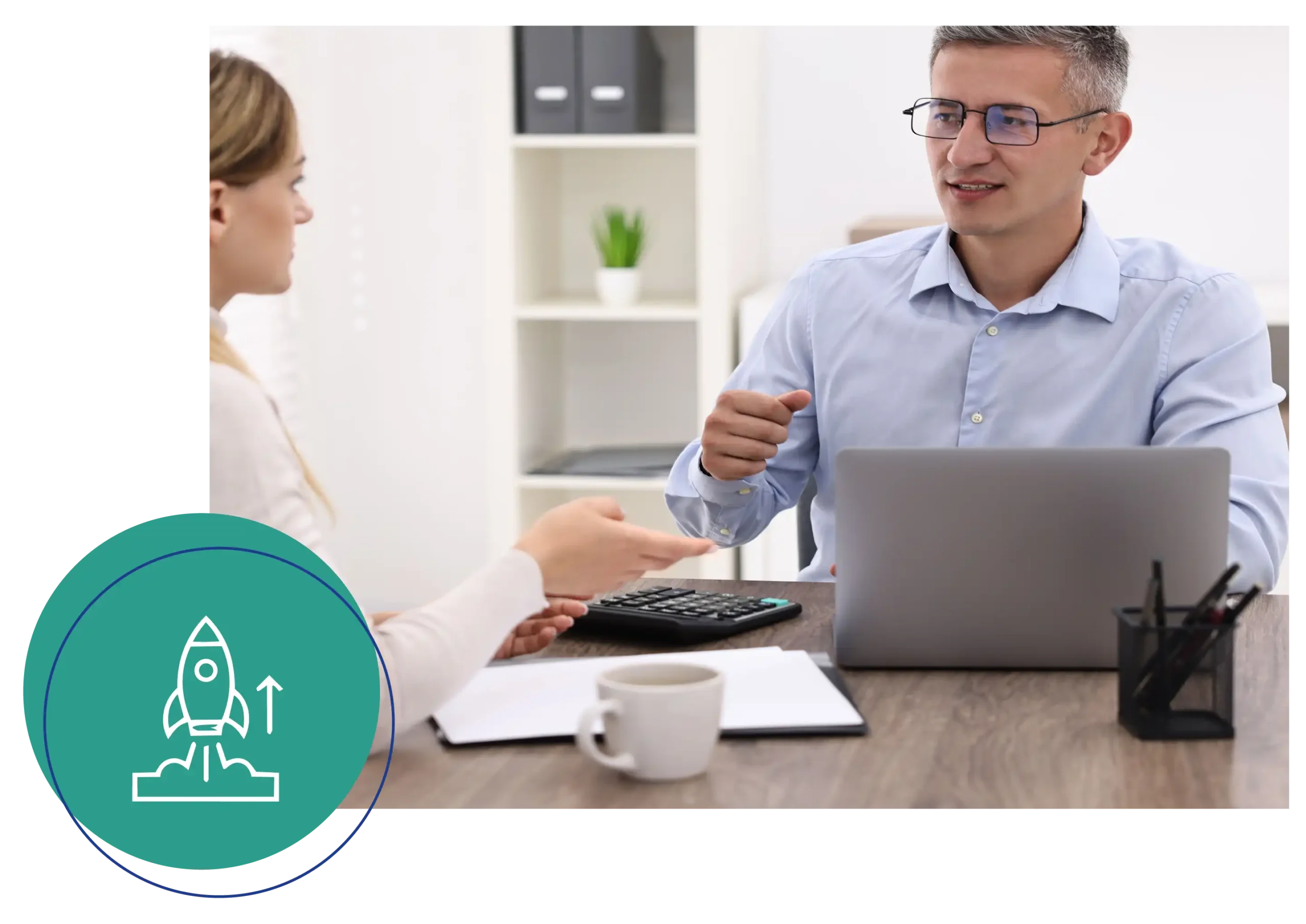 Entrepreneur consulting with an advisor on startup entity selection and professional financial system setup.